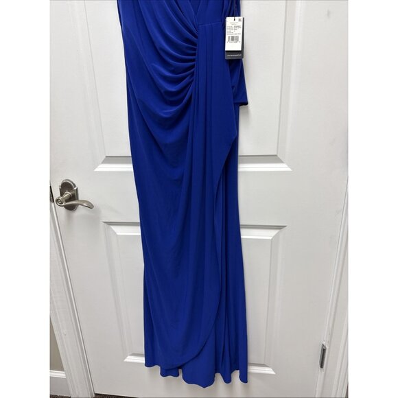 Adrianna Papell Size 12 Blue One Shoulder Jersey Maxi Dress Gown Cocktail Formal - Picture 5 of 11